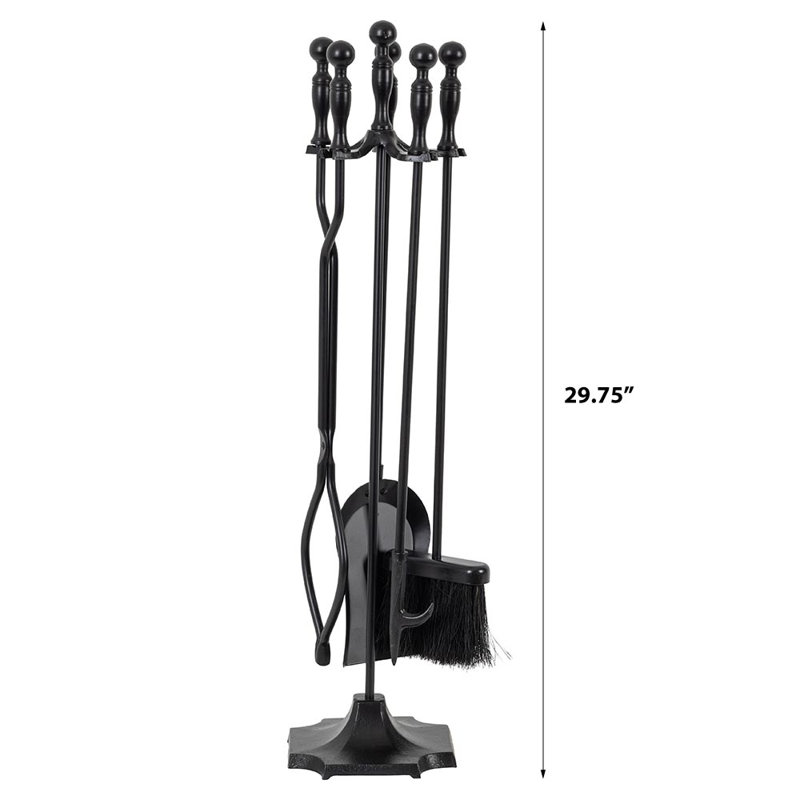 Modern Black Steel 5-Piece Fireplace Tool Set with Stand