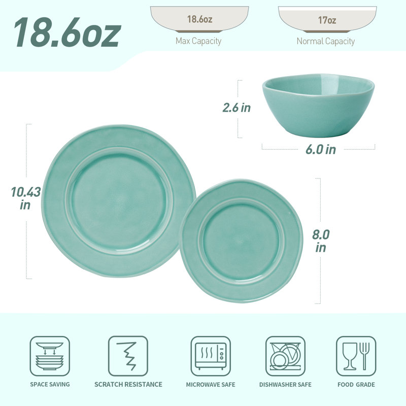  12 piece Stoneware Dinnerware Set - Service for 4, Mint Green