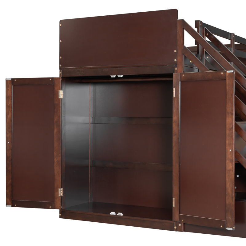 Lit superposé simple au-dessus d'un lit double en L avec escalier de rangement, armoire, armoire et luminaire, Espresso