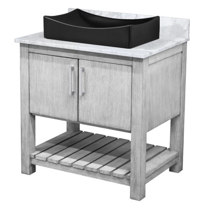 Meuble-lavabo de 30 po avec comptoir en marbre de Carrare, lavabo en porcelaine, quincaillerie en nickel brossé