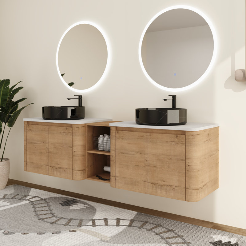 Greythor 72'' Wall-Mounted Double Bathroom Vanity With Ceramic Sink & Storage Shelves,72'' Double Bathroom Vanity Set With Engineered Stone Top