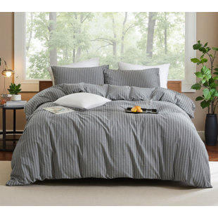 XINMIANFANG Striped  100% Washed Cotton Comforter Cover for All Seasons Linen Feel Bedding Set