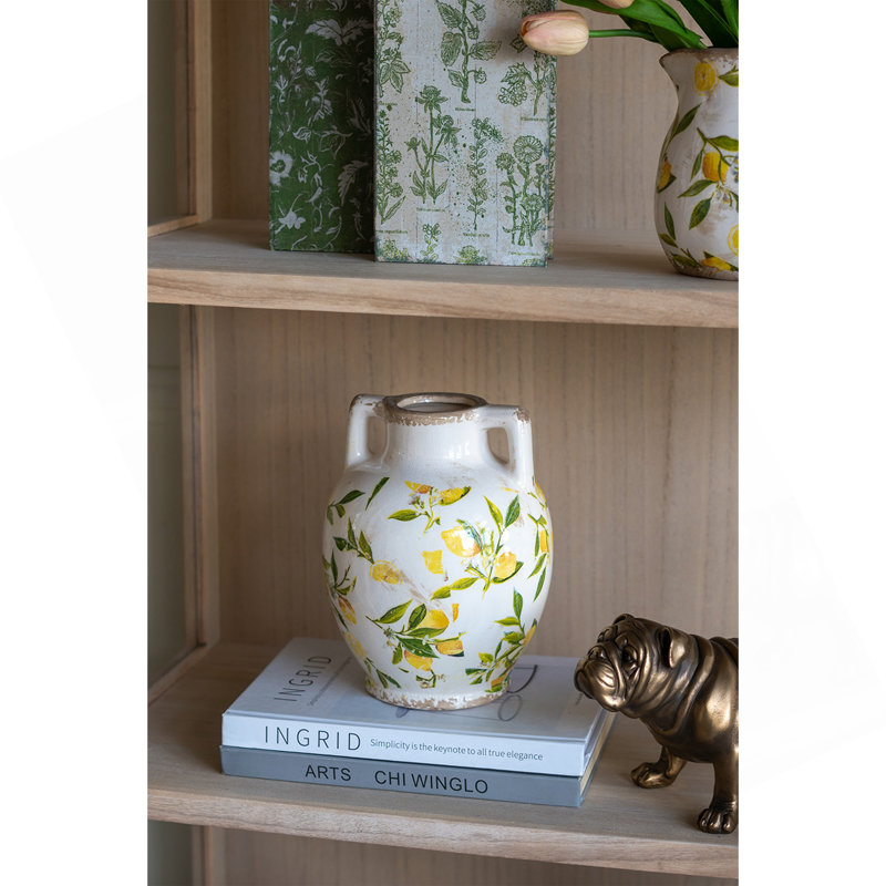 Vase en céramique 6,7 x 6,7 x 8,7 po avec motif jaune citron et petites poignées