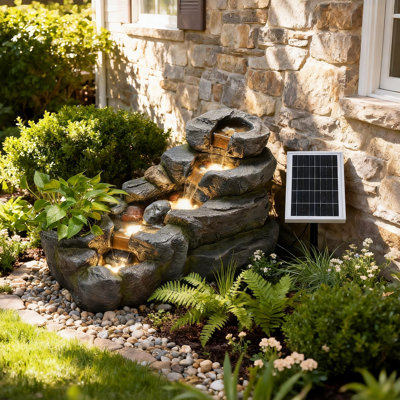 5-tier Solar Water Fountain Outdoor, 38.2" L Rock Waterfall Hanaleigh Solar Powered Floor Standing Outdoor Water Feature With Led Lights For Patio, Garden,porch, Yard, Home Art Decor