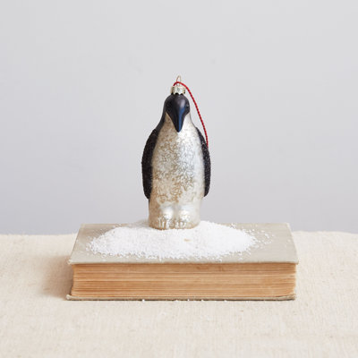 Ornement pingouin en verre de mercure peint à la main, noir et blanc
