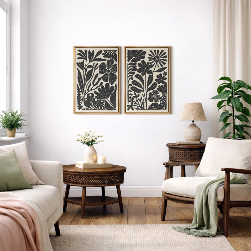 Abstrait botanique, "Boho, art floral noir et beige, images murales abstraites de style Mid-Century, impression sur toile encadrée, 2 pièces"