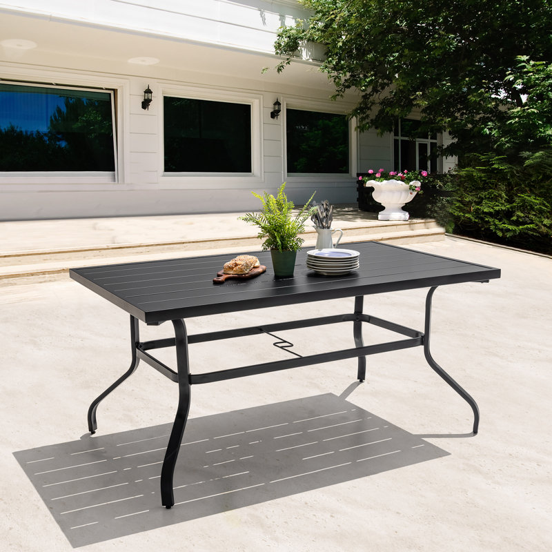 Outdoor Rectangle Powder-coated Iron 6-Person 60.6" Dining Table with 1.57'' Umbrella Hole, Iron Slatted Tabletop and Powder-coated Iron Frame, for Patio