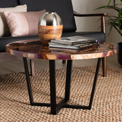 Bali & Pari Apio Round Wood Epoxy Resin Coffee Table - Handcrafted Live Edge Teak Wood Accent Table With Black Metal Base, Modern Rustic Centerpiece
