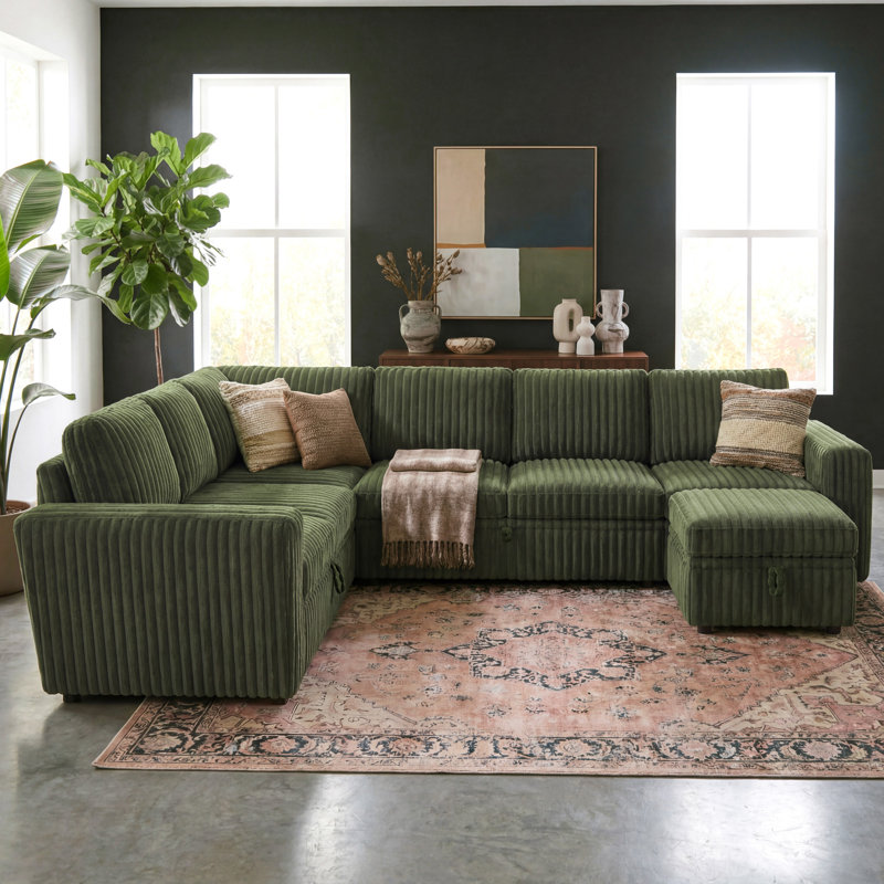 Hoelscher U Shaped Sleeper Corner Sectional Pull Out Sofa Bed With Storage Space, Green Corduroy
