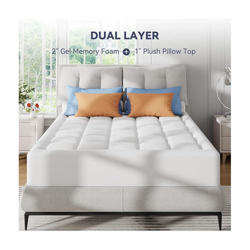 Dual Layer 3 Inch Memory Foam Mattress Topper, 2 Inch Cooling Gel Memory Foam Plus 1 Inch Down Alternative Pillowtop Mattress Pad