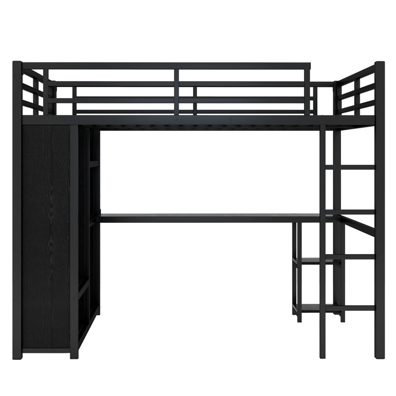 Queen size metal loft bed frame with built-in wardrobe, desk, and storage shelves, space-saving design, black