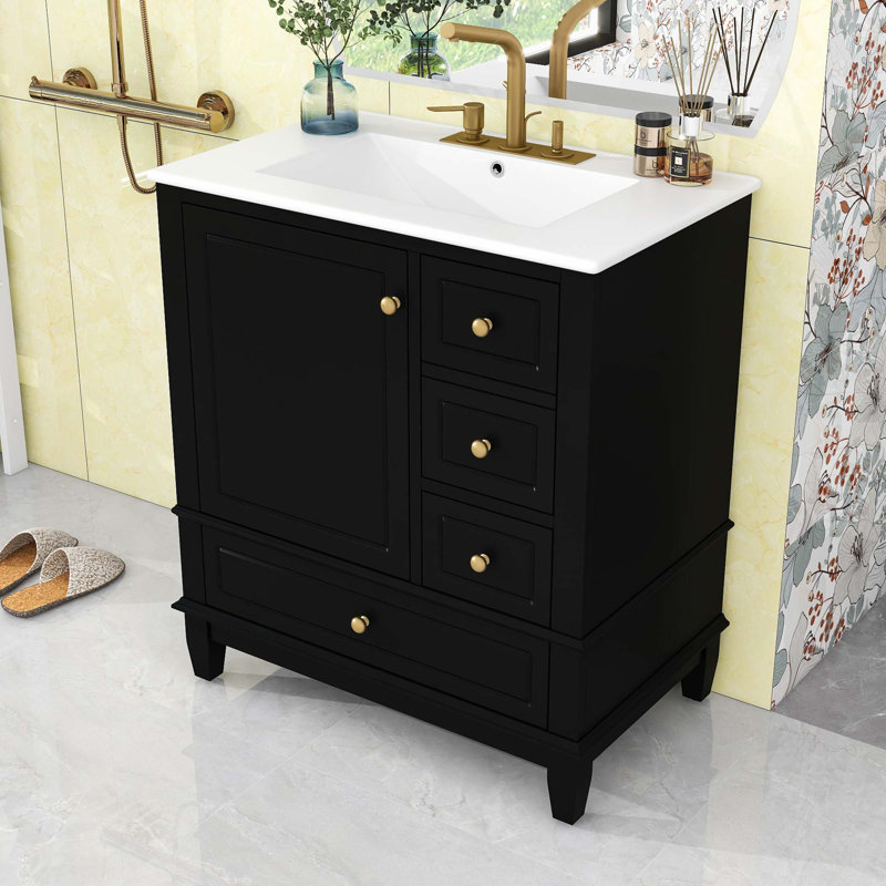 Meuble-lavabo avec lavabo, tablette et trois tiroirs, Noir