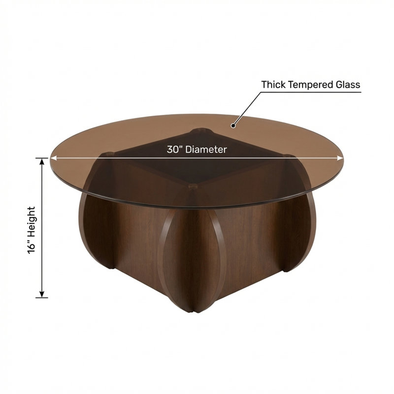 Modern Round Glass Coffee Table, Walnut