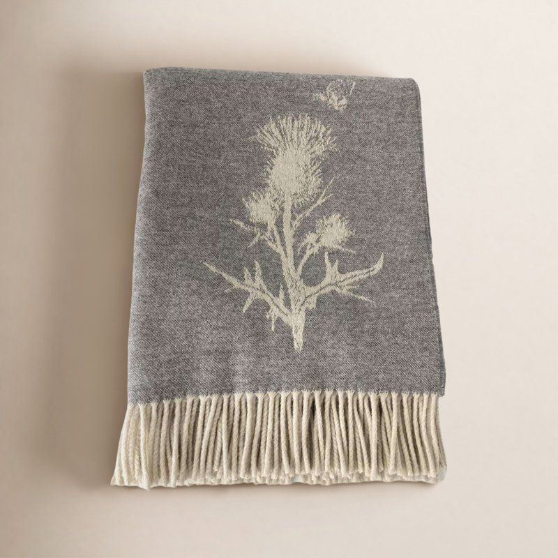 Merino Lambswool Throw/Blankets Hand Woven Blanket, Gray/Beige Floral
