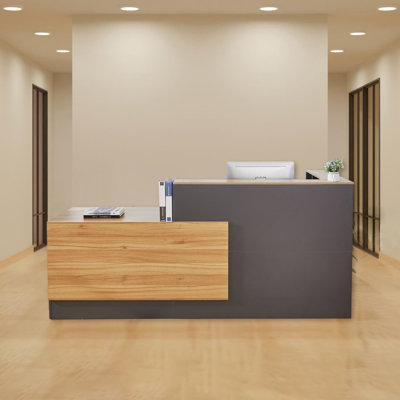 Modern L-Shaped Reception Desk with Lockable Filing Cabinet & Keyboard Tray - 86.6'' Wide Wood Front Reception Counter for Office, Hotel Lobby, and Restaurant Business Use, Right