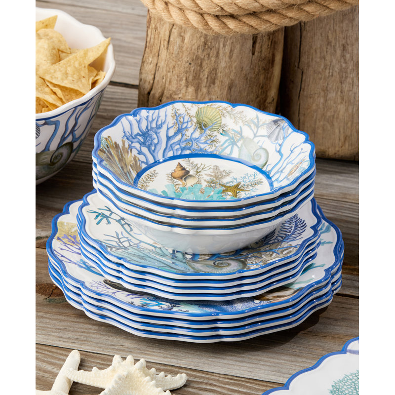 Service de table en mélamine 12 pièces Blue Lagoon - Corail côtier et coquillage - Service pour 4 avec assiettes et bols durables, légers et sans BPA - Va au lave-vaisselle pour une décoration nautique et de maison de plage