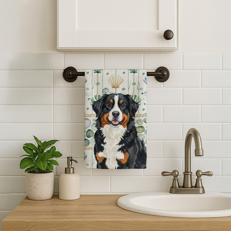 Bernese Mountain Dog Coastal Sea Glass Kitchen Towel, Bernese Mountain Dog