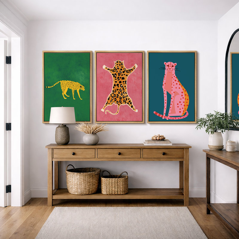 Bright Preppy Animals "Pop Vibrant Bold Green Pink Blue Artwork, Chic Tiger Leopard Colorful Wall Pictures, 3 Pieces Framed Canvas Giclee Digital Print Wall Art"