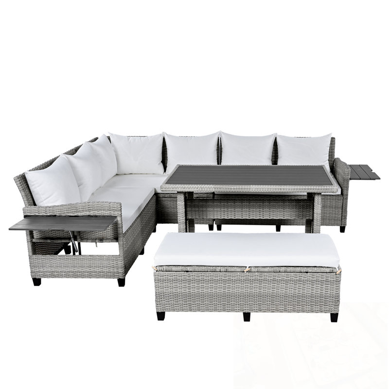 Ensemble de canapé d'extérieur en rotin 5 pièces avec 2 tables d'appoint extensibles, Blanc