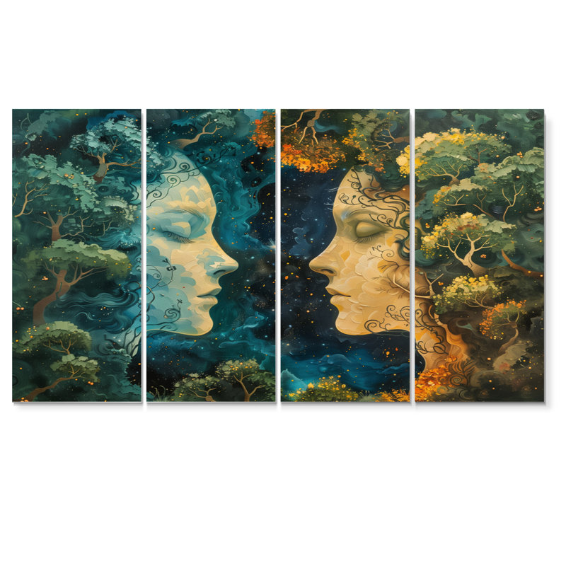 Vert, jaune, astrologie, connexion cosmique, ensemble d'art mural Gemini, H 32 po x l 64 po