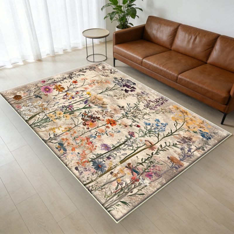 Washable 5x7 Rug for Living Room, Floral Print Large Bedroom Area Rug, Non-Slip Dining Table Throw Mat, Botanical Area Rug Carpet for Entry Basement Dorm (Beige,5'x7')