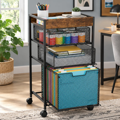 Espresso 4-Tier Rolling Metal File Cabinet with Drawers, Combining Under-Desk Organization and Craft Storage for Offices and Homes