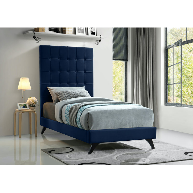 Lit plateforme tapissier Elly, Lit simple, Velours marine