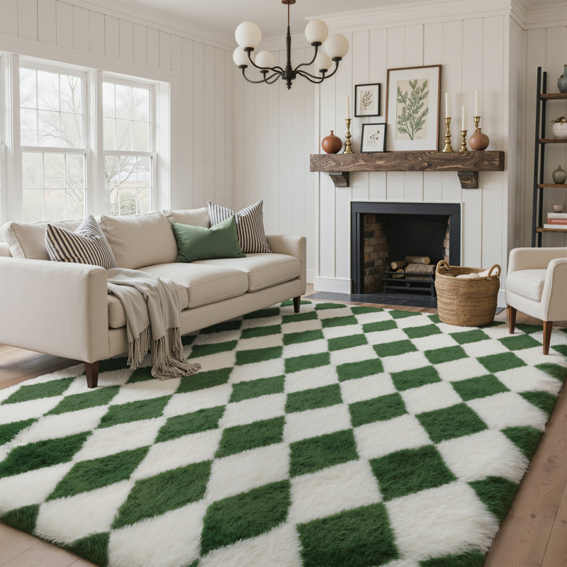 Modern Green/White Machine-Washable Checkered Shag Area Rug, Rectangle 5' x 7', Green
