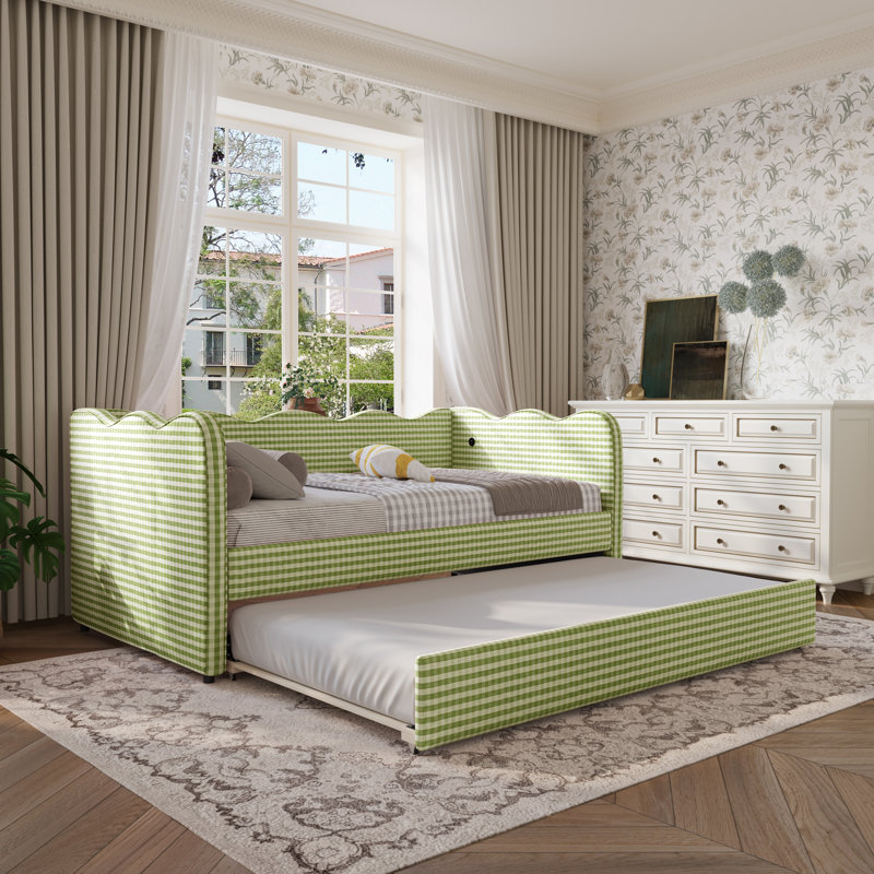 Linen Upholstered Gingham Daybed With Trundle, Usb Charging Port & Wave-shaped Design, No Box Spring Needed, Green