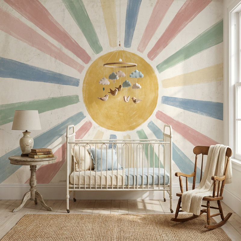 Panneau mural soleil rayonnant géométrique Sun, Non tissé, 140 po x 108 po