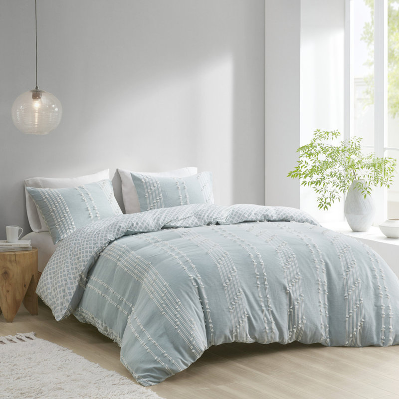 Housse de couette en coton double / grand, motif au sol et brodé avec couette double / grand réversible, fermeture à boutons avec couvre-oreillers assortis