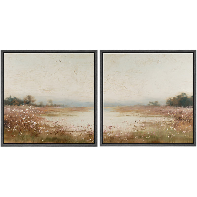Pastel Countryside Meadow Farm Field Landscape Framed Master Bedroom Wall Art Work 2 Pieces Print, 24" H x 24" W