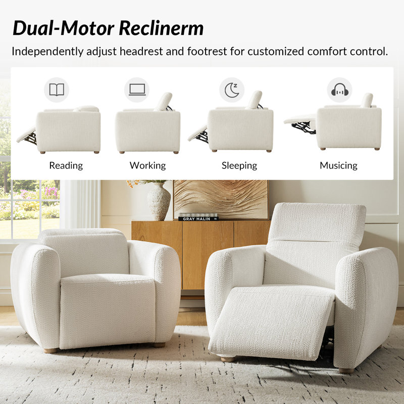 Aegean Modern Chenille Power Recliner with Dual Motor and Covered Arms, Ivory