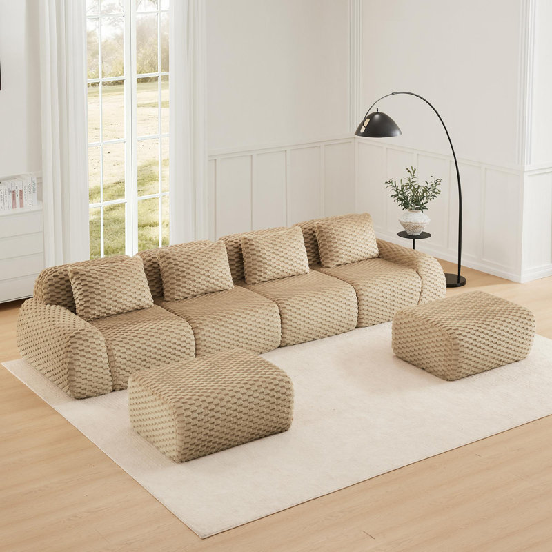 Canapé modulaire de 146 po, canapé-lit moderne désossé de style moderne, siège profond surdimensionné à 4 places confortable en forme de L avec repose-pieds mobile pour le salon, revêtement en flanelle, sans assemblage requis, brun clair