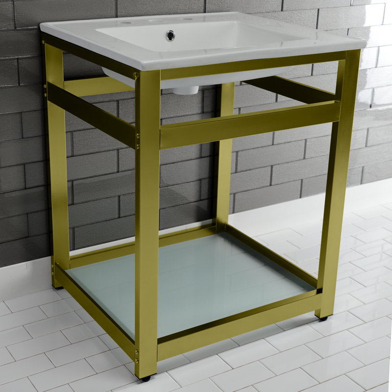 Kingston Brass Quadras 25-Inch Ceramic Console Sink with Steel Base and Glass Shelf, 8" Centers