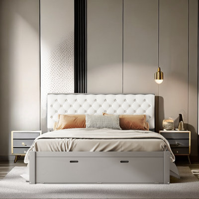Leegan Bookcase Bed with Button-Tufted Upholstery Headboard