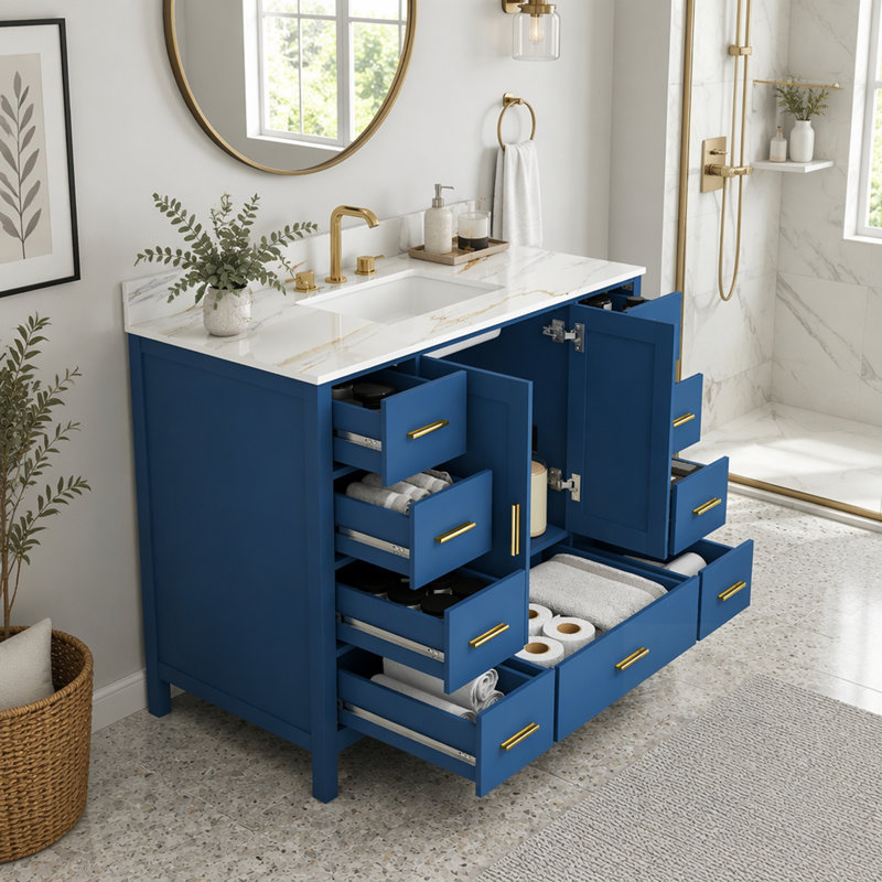 Meuble-lavabo moderne en bois massif avec plateau en pierre frittée blanc de Carrare, 43 pouces, 9 tiroirs, portes à fermeture en douceur