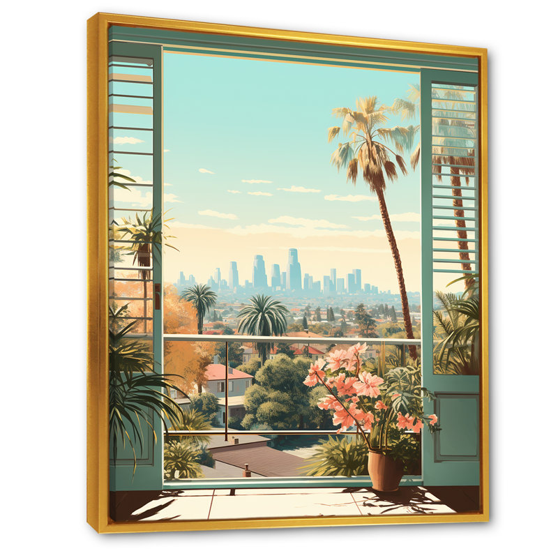 «Vintage Los Angeles Window View 2», art mural floral, Cadre flottant doré, H 32 po x l 24 po x P 1 po