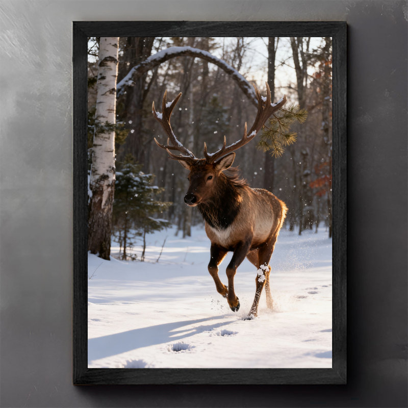 Art mural encadré noir cerf rétro par temps neigeux, H 37 po x l 25 po