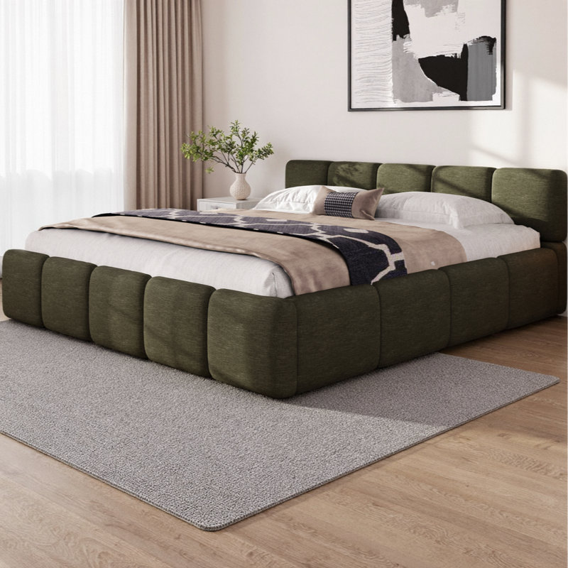 Lit plateforme tapissier avec tête de lit et pied de lit, structure de lit en lin avec base au sol, support en bois massif, sans sommier tapissier, vert
