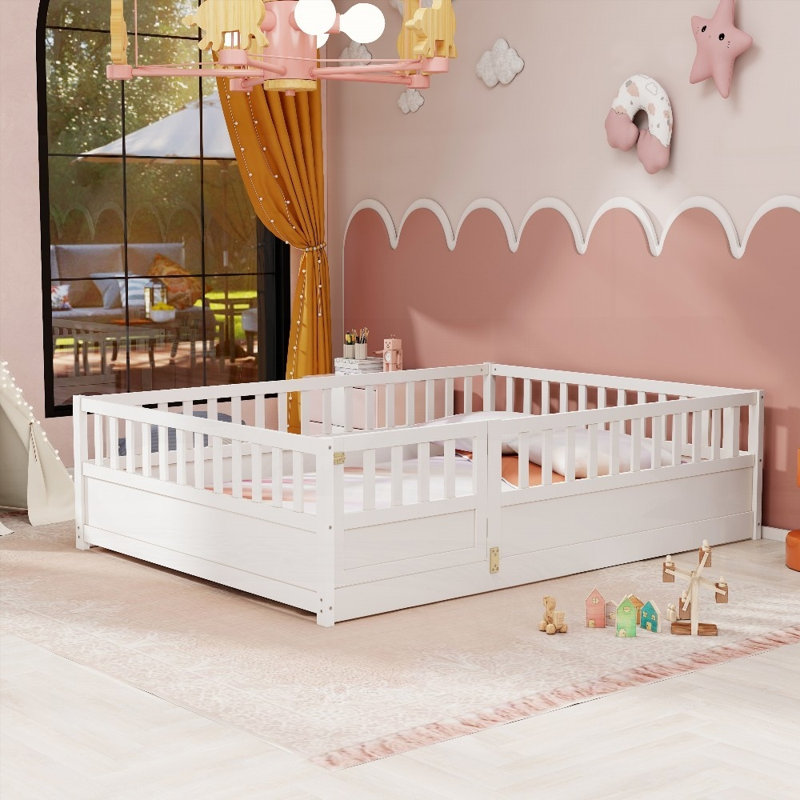 Lit double sur pied avec barrière et porte à très haute sécurité, construction en pin massif durable, Lit double, Blanc