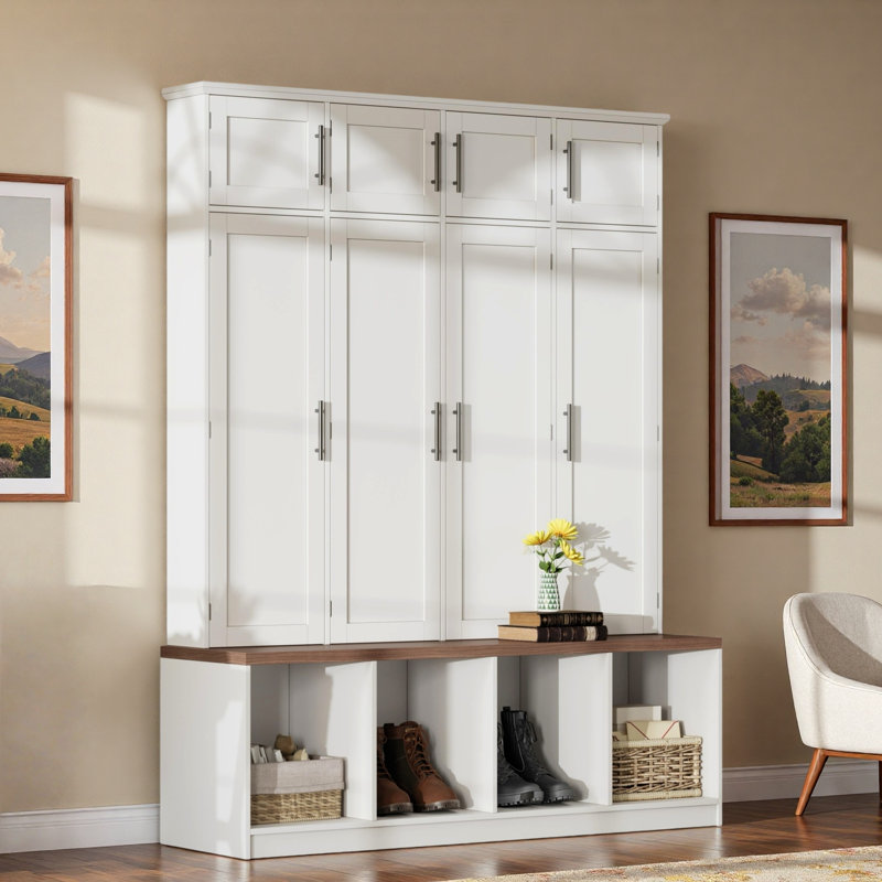 Arbre d'entrée de ferme avec 4 crochets cachés, banc de siège, armoire de rangement et compartiment ouvert, Blanc