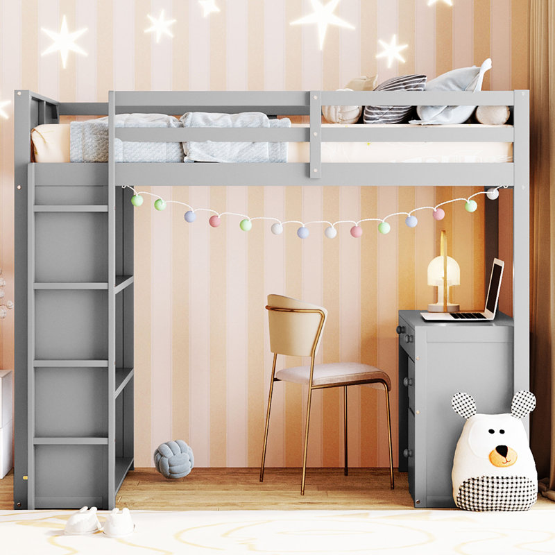Haddy Kids Loft Bed, Gray, Twin