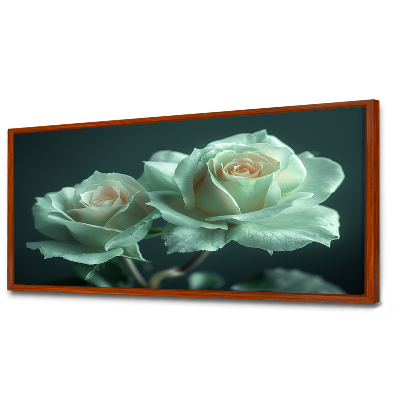«White Green Mystical Garden Roses - Roses», reproduction d'art murale, H 28 po x l 60 po x P 1,5 po, Cadre flottant brun