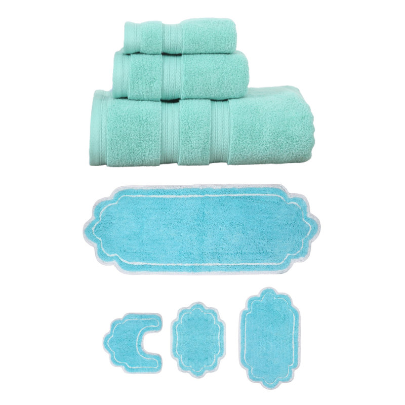 Talbert Collection 100% Soft Cotton 3 Pc Towel Set & 4 Pc Bath Rug Set, (Set of 7), Turquoise