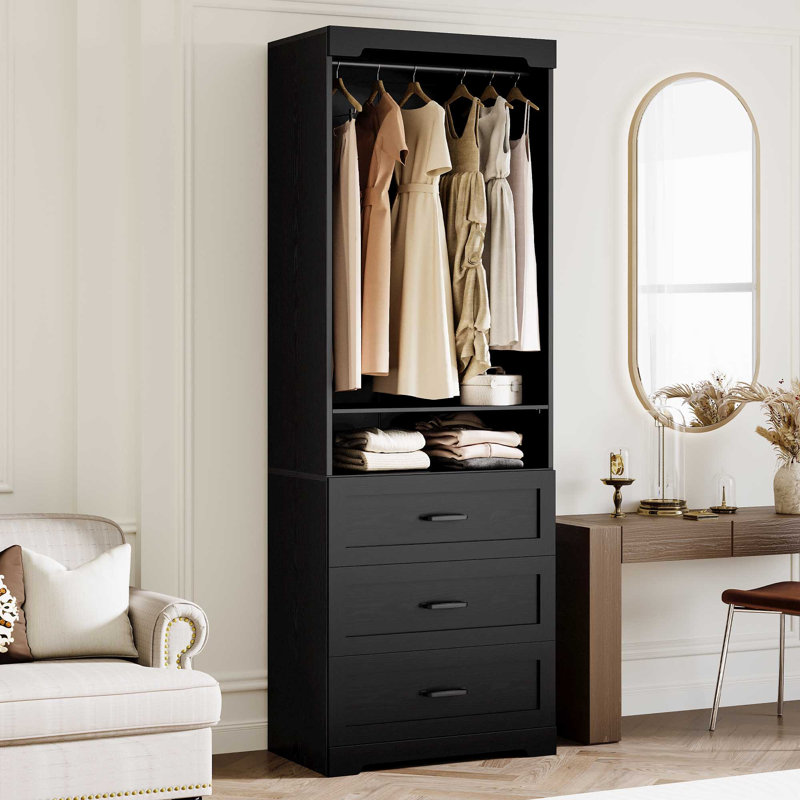 Système de placard autoportant avec 3 tiroirs, garde-robe avec tablettes réglables et tringle, noir, Noir