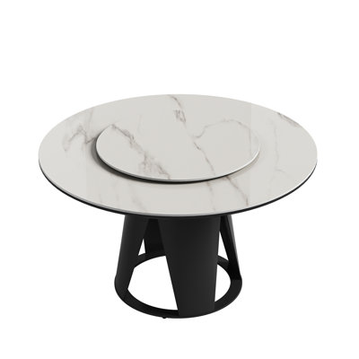 Table de salle à manger moderne en pierre frittée 59 po avec table tournante ronde de 35,4 po pour 6 à 8 personnes avec piédestal en métal exquis