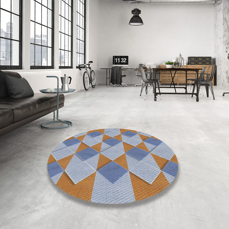 Tapis géométrique bleu / brun clair Leyden, Rond 7 pi