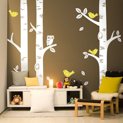Décalcomanie murale arbre de bouleau avec hibou et oiseaux
