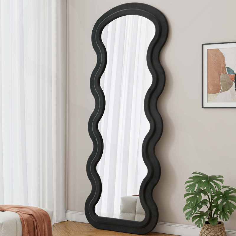 Flannel Full Length Wavy Floor Mirror With Hanging Holes For Bedroom, Living Room(Hanging Or Against The Wall), Black